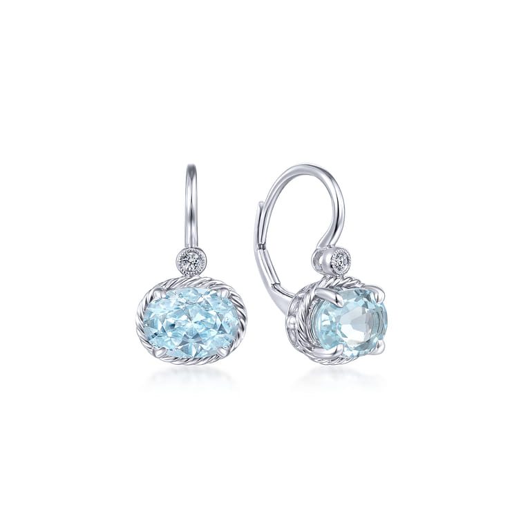 14K White Gold Oval Aquamarine and Diamond Leverback Earrings - 0.03 ct - Shot 1
