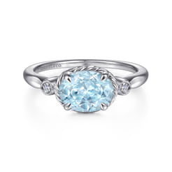 14K White Gold Oval Aquamarine and Diamond Three Stone Ring