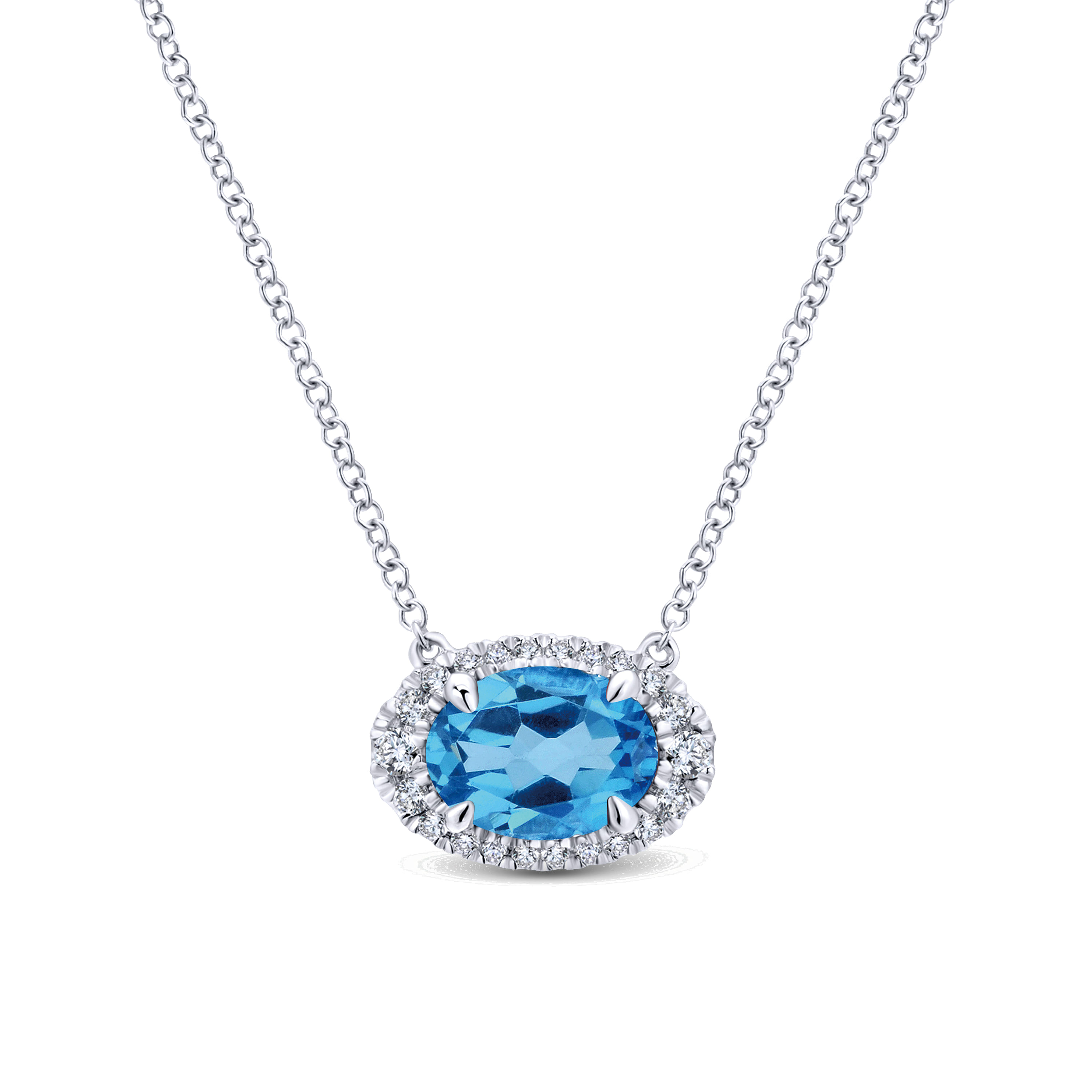 14K White Gold Oval Blue Topaz and Diamond Halo Pendant Necklace - 0.14 ct - Shot 1