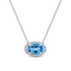 14K White Gold Oval Blue Topaz and Diamond Halo Pendant Necklace