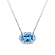 14K White Gold Oval Blue Topaz and Diamond Halo Pendant Necklace