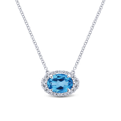 14K White Gold Oval Blue Topaz and Diamond Halo Pendant Necklace