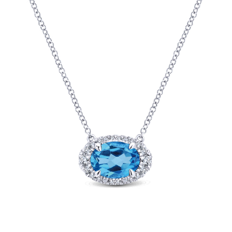 14K White Gold Oval Blue Topaz and Diamond Halo Pendant Necklace - 0.14 ct - Shot 1