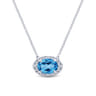 14K White Gold Oval Blue Topaz and Diamond Halo Pendant Necklace - 0.14 ct