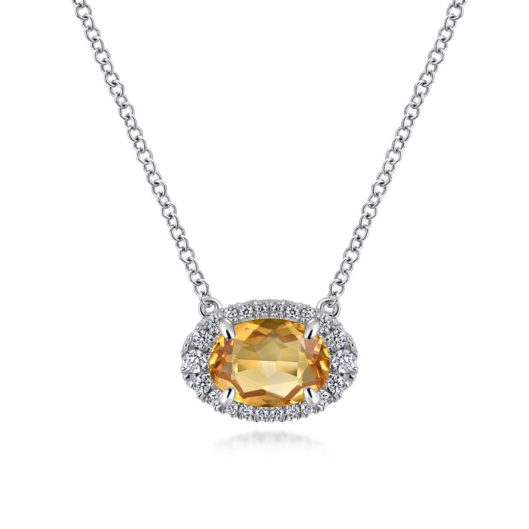 14K White Gold Oval Citrine and Diamond Halo Pendant Necklace - 0.14 ct - Shot 1