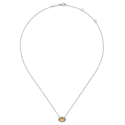 14K White Gold Oval Citrine and Diamond Halo Pendant Necklace