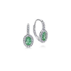 14K White Gold Oval Emerald and Diamond Halo Leverback Earrings