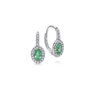 14K White Gold Oval Emerald and Diamond Halo Leverback Earrings