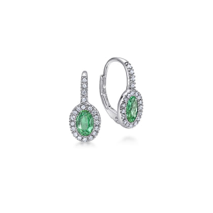 14K White Gold Oval Emerald and Diamond Halo Leverback Earrings