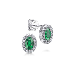14K White Gold Oval Emerald and Diamond Halo Stud Earrings
