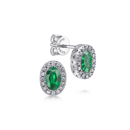 14K White Gold Oval Emerald and Diamond Halo Stud Earrings