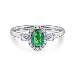 14K White Gold Oval Emerald and Diamond Halo Three Stone Ring