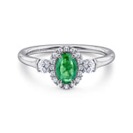 14K White Gold Oval Emerald and Diamond Halo Three Stone Ring