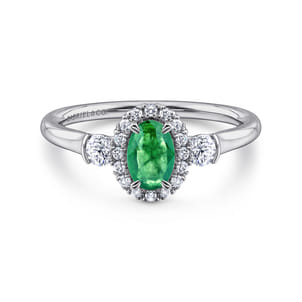 14K White Gold Oval Emerald and Diamond Halo Three Stone Ring