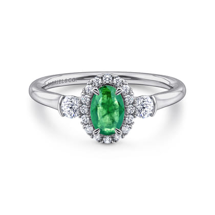 14K White Gold Oval Emerald and Diamond Halo Three Stone Ring