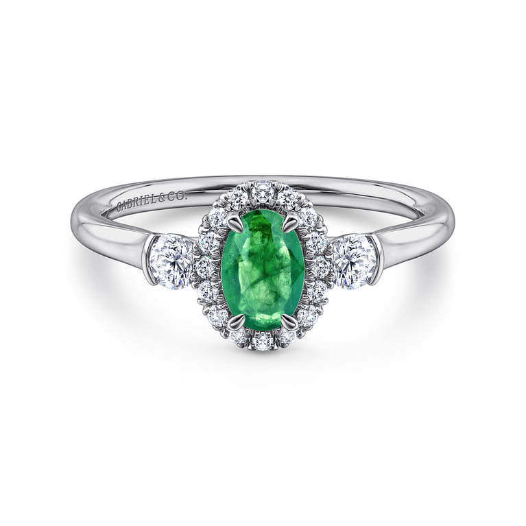 14K White Gold Oval Emerald and Diamond Halo Three Stone Ring - 0.25 ct - Shot 1