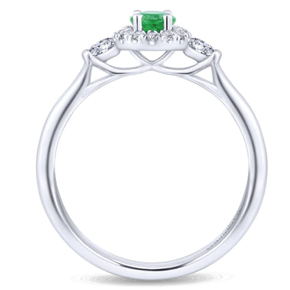 14K White Gold Oval Emerald and Diamond Halo Three Stone Ring