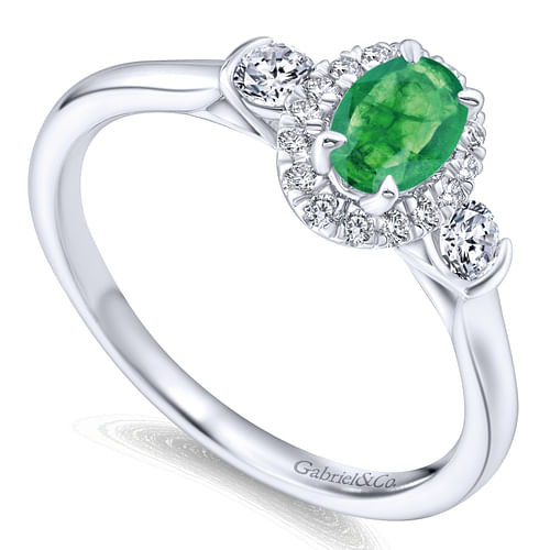 14K White Gold Oval Emerald and Diamond Halo Three Stone Ring - 0.25 ct - Shot 3