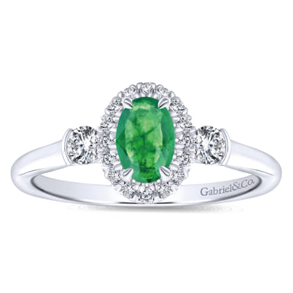 14K White Gold Oval Emerald and Diamond Halo Three Stone Ring