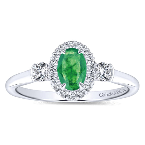 14K White Gold Oval Emerald and Diamond Halo Three Stone Ring - 0.25 ct - Shot 4