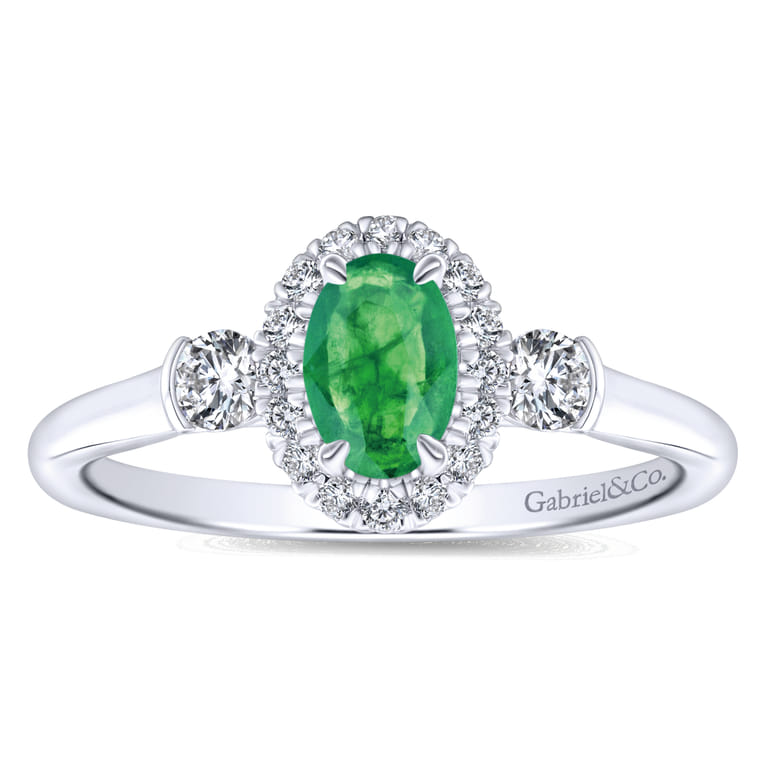 14K White Gold Oval Emerald and Diamond Halo Three Stone Ring - 0.25 ct - Shot 4