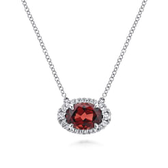 14K White Gold Oval Garnet and Diamond Halo Pendant Necklace