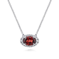 14K White Gold Oval Garnet and Diamond Halo Pendant Necklace