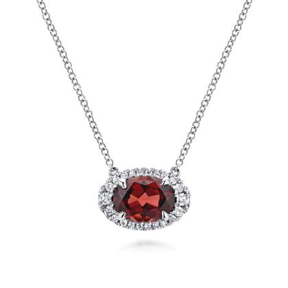 14K White Gold Oval Garnet and Diamond Halo Pendant Necklace