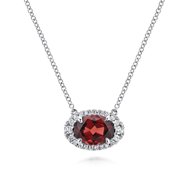 14K White Gold Oval Garnet and Diamond Halo Pendant Necklace - 0.14 ct - Shot 1