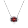 14K White Gold Oval Garnet and Diamond Halo Pendant Necklace - 0.14 ct
