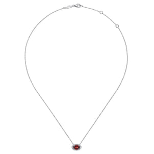 14K White Gold Oval Garnet and Diamond Halo Pendant Necklace
