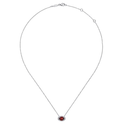 14K White Gold Oval Garnet and Diamond Halo Pendant Necklace
