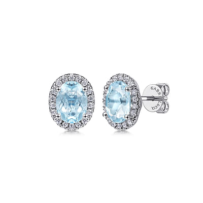 14K White Gold Oval Halo Aquamarine and Diamond Stud Earrings