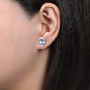 14K White Gold Oval Halo Aquamarine and Diamond Stud Earrings