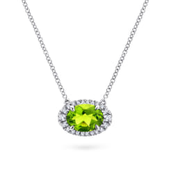 14K White Gold Oval Peridot and Diamond Halo Pendant Necklace