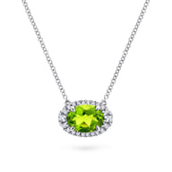 14K White Gold Oval Peridot and Diamond Halo Pendant Necklace