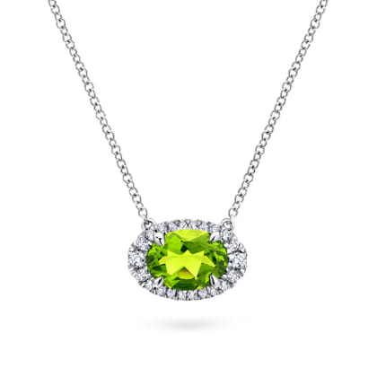 14K White Gold Oval Peridot and Diamond Halo Pendant Necklace