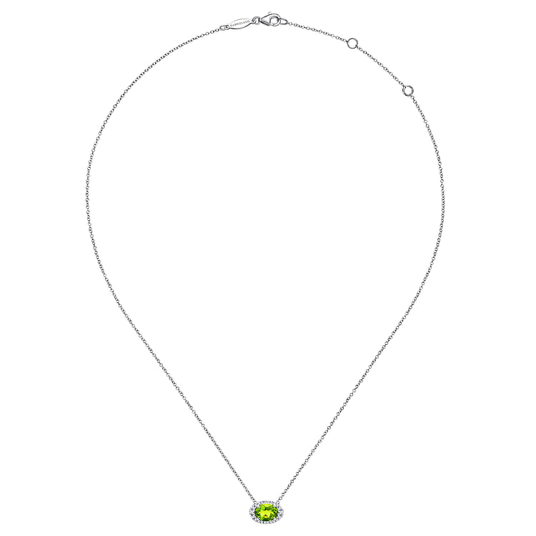 14K White Gold Oval Peridot and Diamond Halo Pendant Necklace