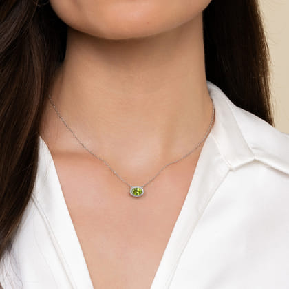 14K White Gold Oval Peridot and Diamond Halo Pendant Necklace