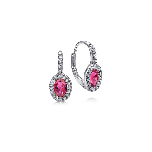 Boucles D'oreilles Pendantes Or Blanc 18k Avec Grenat Rouge Ovale Et Halo De Diamants - Occasion