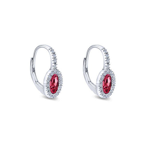 14K White Gold Oval Ruby and Diamond Halo Leverback Earrings - 0.2 ct - Shot 2
