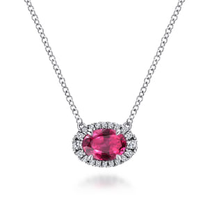 14K White Gold Oval Ruby and Diamond Halo Pendant Necklace