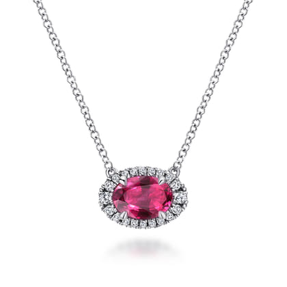 14K White Gold Oval Ruby and Diamond Halo Pendant Necklace