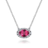 14K White Gold Oval Ruby and Diamond Halo Pendant Necklace - 0.12 ct