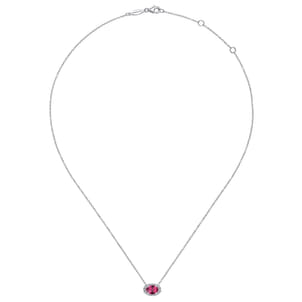14K White Gold Oval Ruby and Diamond Halo Pendant Necklace