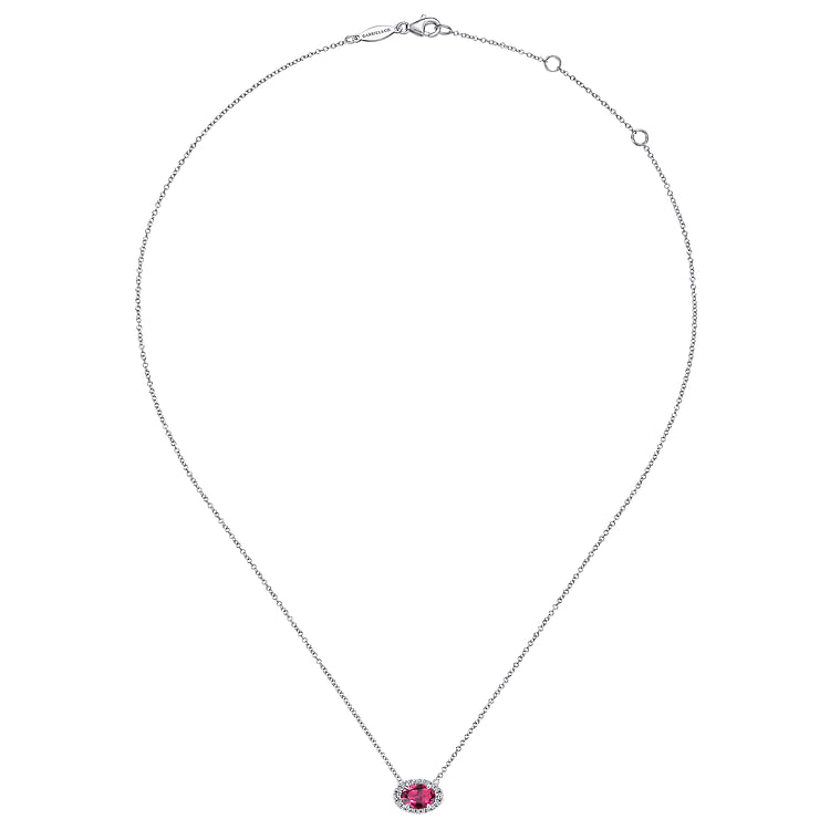 14K White Gold Oval Ruby and Diamond Halo Pendant Necklace