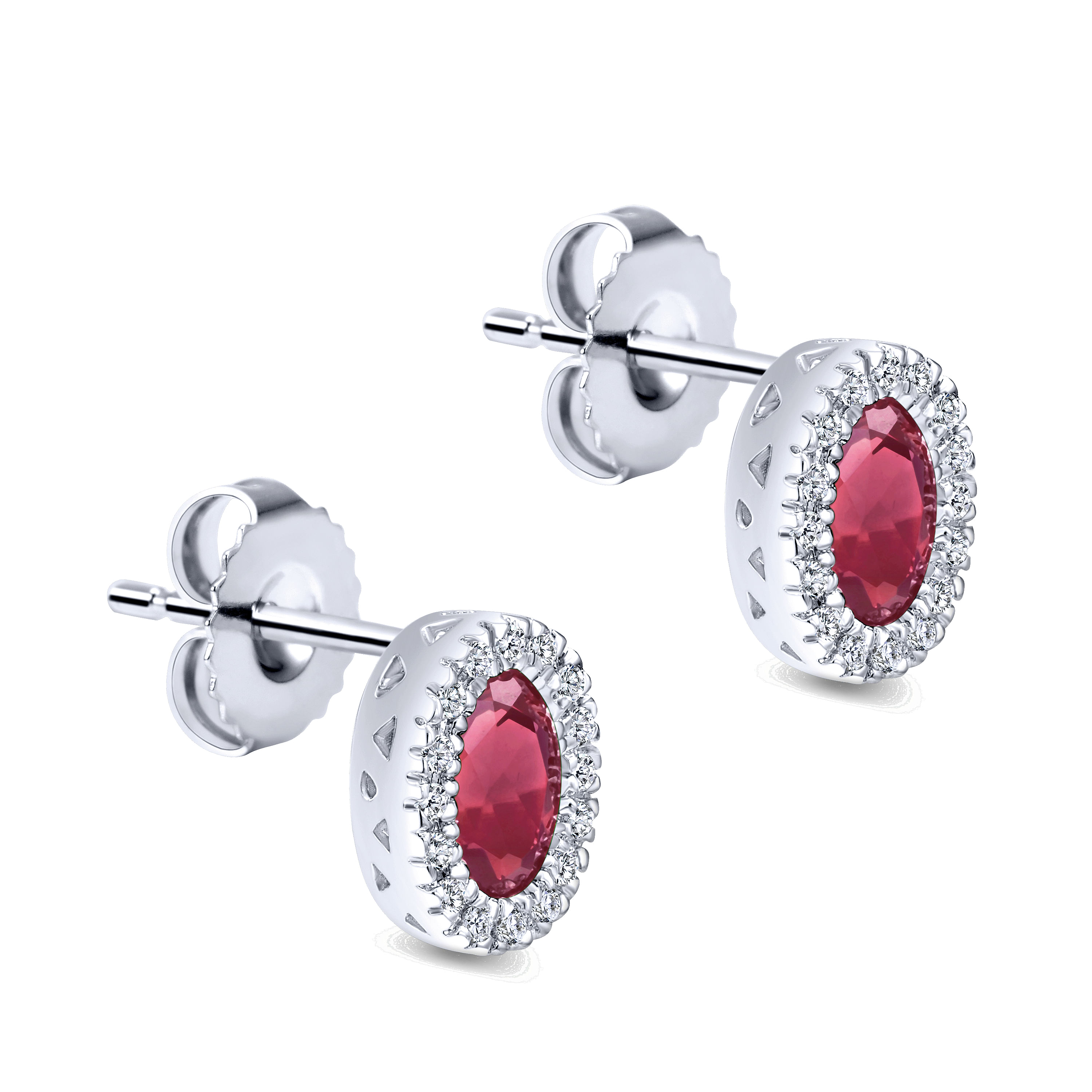 14K White Gold Oval Ruby and Diamond Halo Stud Earrings - 0.16 ct - Shot 2