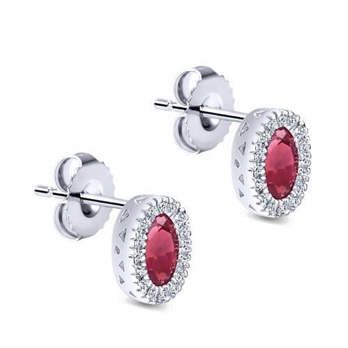 14K White Gold Oval Ruby and Diamond Halo Stud Earrings - 0.16 ct - Shot 2