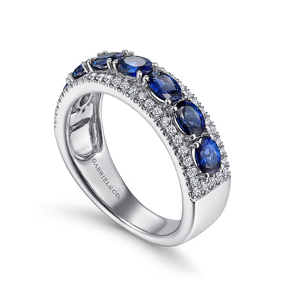 14K White Gold Oval Sapphire and Diamond Band