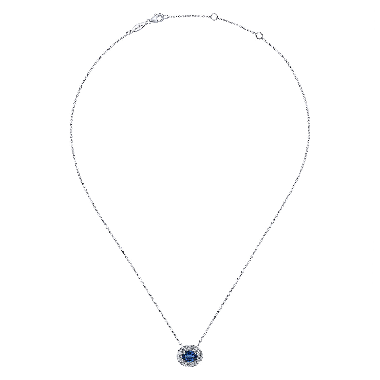 14K White Gold Oval Sapphire and Diamond Double Halo Pendant Necklace - 0.4 ct - Shot 2